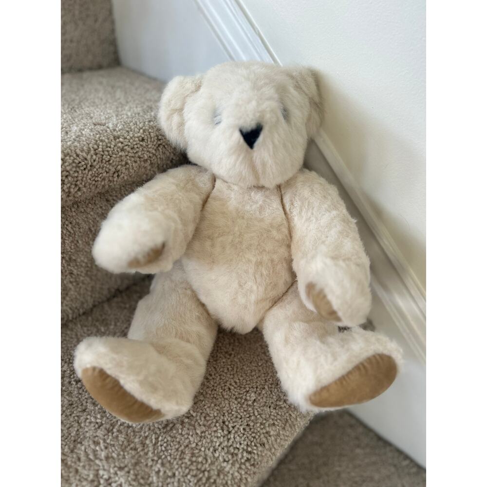 Vermont Teddy Bear Hand Made Cream White Brown Suede